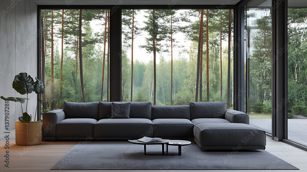 Fototapeta premium Grey corner sofa against big window, minimalist interior design of modern living room in country house in forest