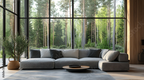 Grey corner sofa against big window, minimalist interior design of modern living room in country house in forest