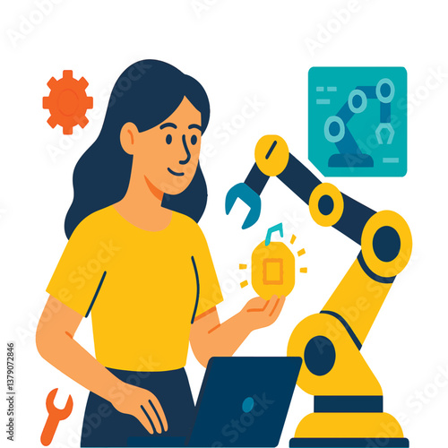 Colorful flat vector illustration of a female robotics engineer working on a robotic arm. Modern isolated design on white background.