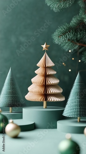 Decorative Holiday Trees and Ornaments on a Muted Green Background for Festiv...