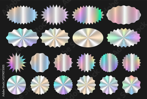 Realistic blank mockup for sticker, emblem, hologram sale, best price, special offer, discount. Big set of holographic round, oval element with uneven wavy zigzag edge, star shape. Vector EPS10