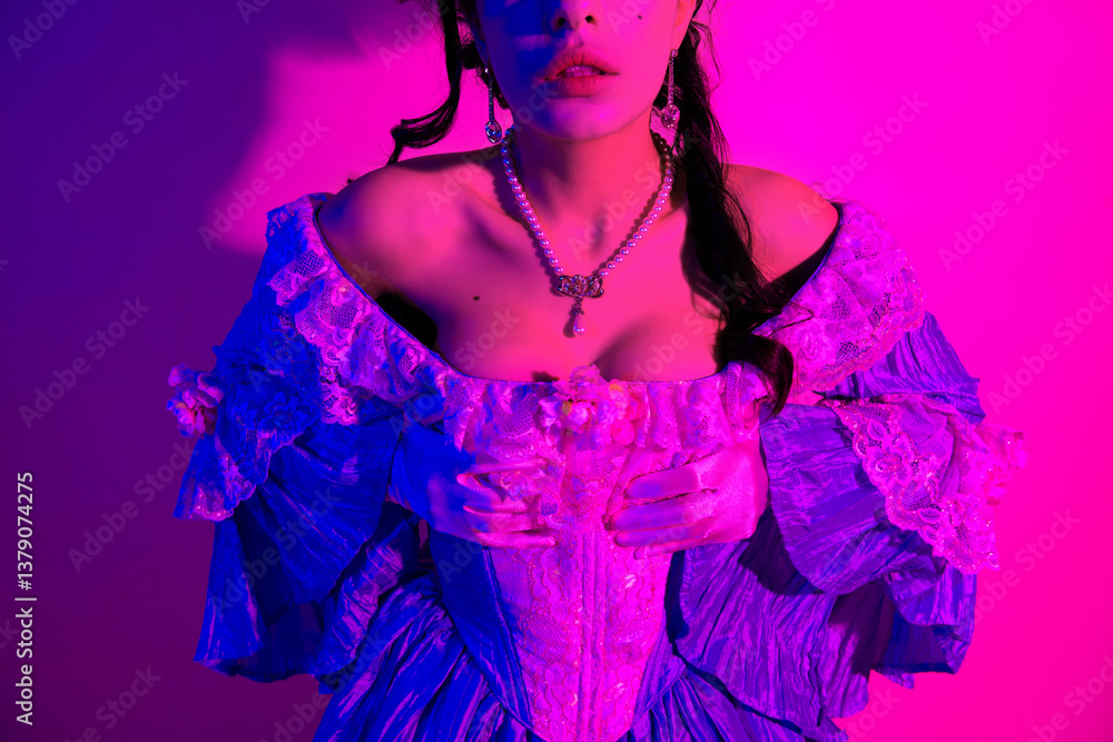 Fototapeta premium Elegant woman in a vintage-inspired corset dress illuminated by vibrant pink and purple neon light