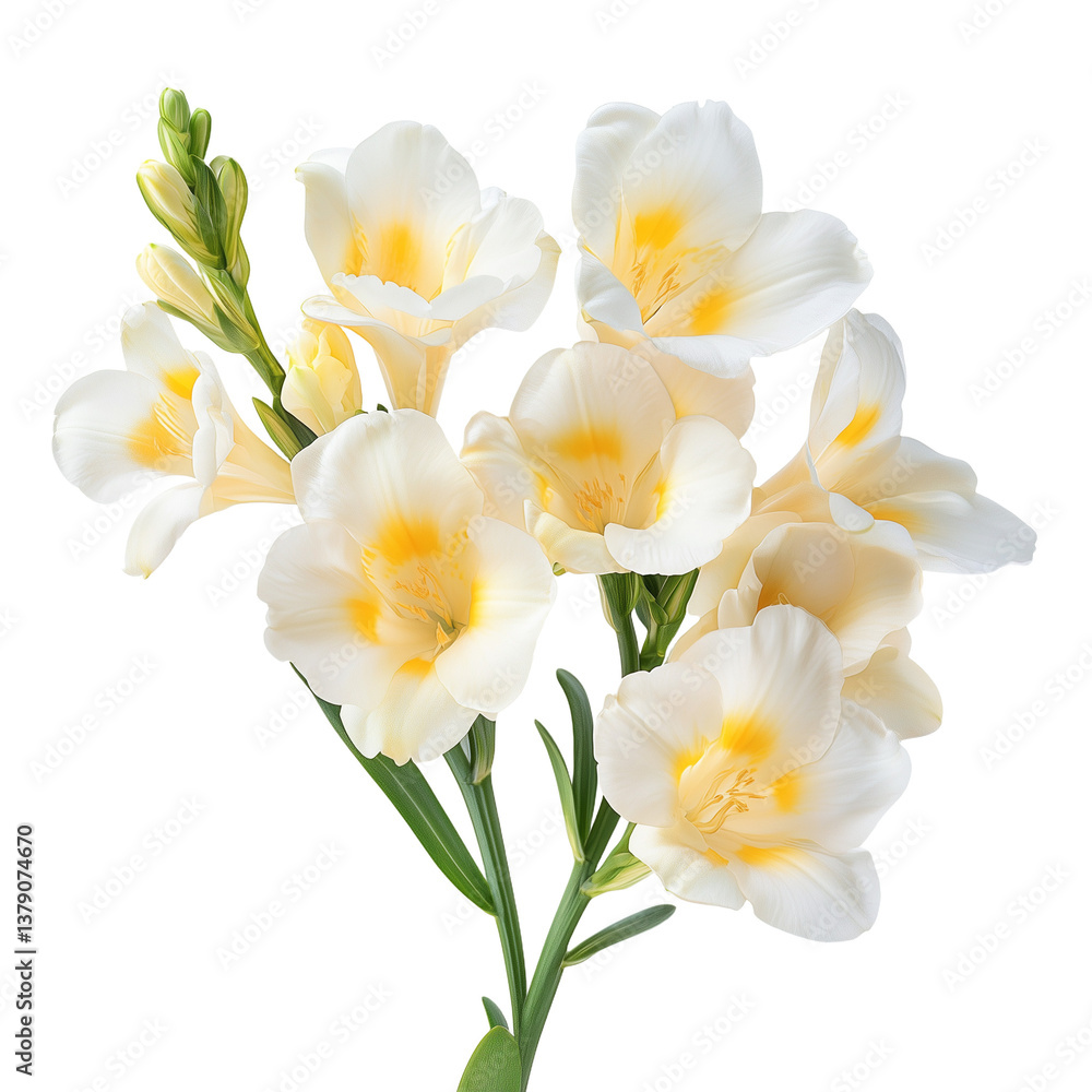Fragrant White and Yellow Freesias with Trumpet-Shaped Blooms on White Background Fragrant White and Yellow Freesias with Trumpet-Shaped Blooms on White Background