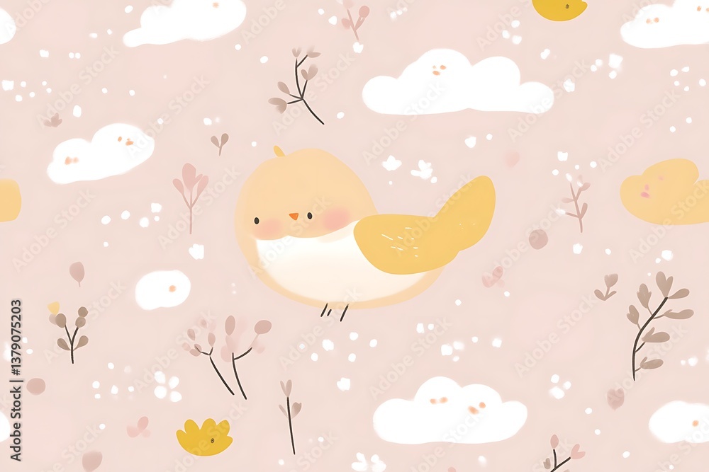 Cute Yellow Bird Soaring Through Pastel Clouds and Flowers Cute Yellow Bird Soaring Through Pastel Clouds and Flowers