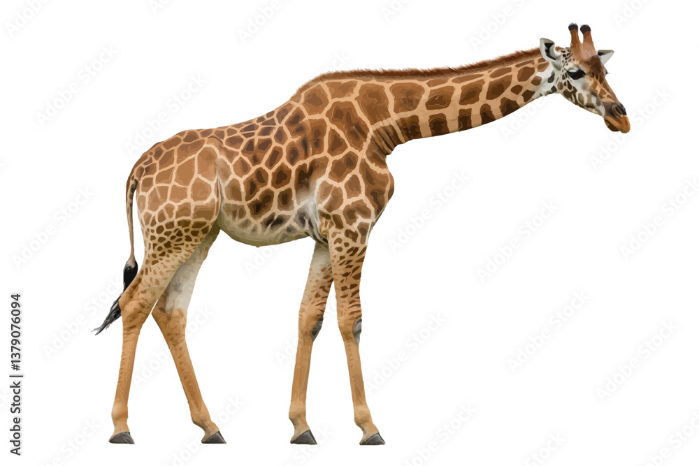 Naklejka premium Graceful Giraffe Profile: A full-body side view captures a majestic giraffe, showcasing its iconic patterned coat and long neck. A perfect representation of African wildlife and its unique charm.