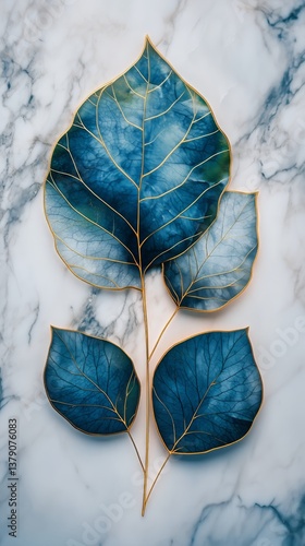 Vibrant Blue Leaf Decorations on a Marble Surface Create a Stunning Artistic ...