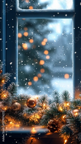 Snowy Winter View Through a Decorated Window With Lights and Ornaments