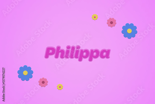 Philippa female girl name illustration in pink with blossoms, flowers