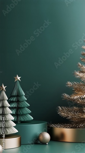 Decorative Holiday Trees and Ornaments on a Muted Green Background for Festiv...