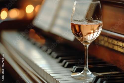 Elegant Wine Glass Resting on Piano Keys During a Cozy Evening Gathering With...
