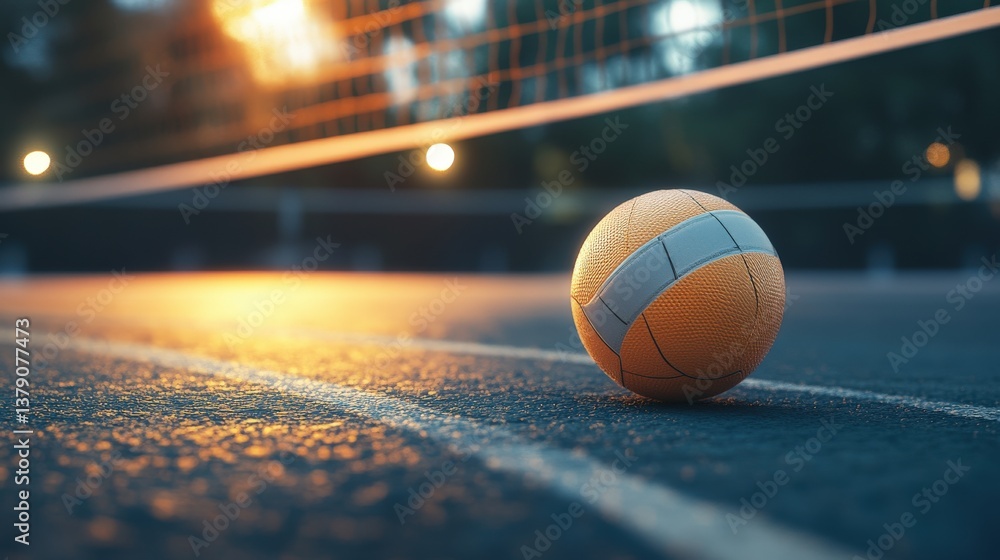 A volleyball resting on a court next to the net A volleyball resting on a court next to the net