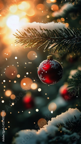 Decorated Christmas Tree With Baubles and Snow Under Sparkling Winter Light