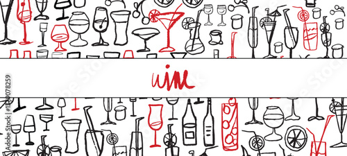 Isolated vector set of wine and alcoholic beverage glasses and tumblers. Hand drawn sketch.Red and black drawing on white background.Cocktails, martini, whiskey, cognac, vodka, gin tonic, beer, brandy