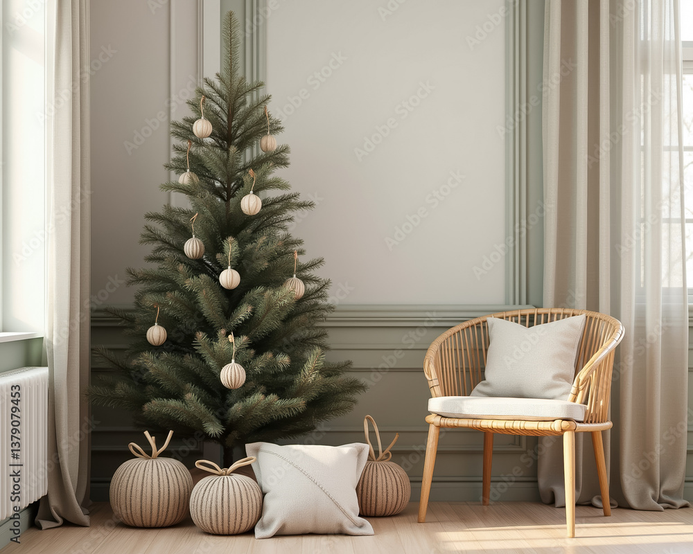 Fototapeta premium small christmas tree with beige ornaments in a cozy living room next to a light-colored wooden chair