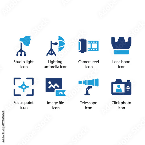 Studio light, Lighting umbrella, Camera reel, Lens hood, Focus point, Image file, Telescope, Click photo, Blue Icon Set
