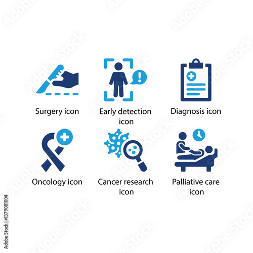 Surgery, Early detection, Diagnosis, Oncology, Cancer research, Palliative care, Blue Icon Set