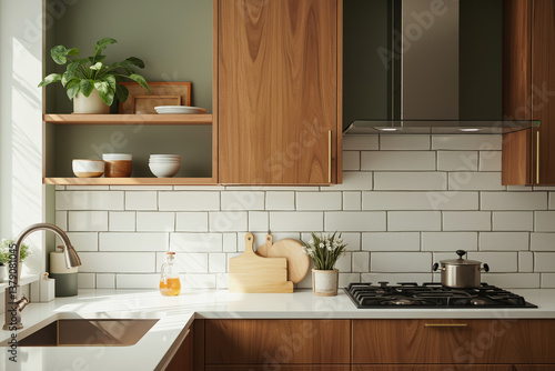 Wallpaper Mural modern kitchen with wood cabinets and white tiles Torontodigital.ca