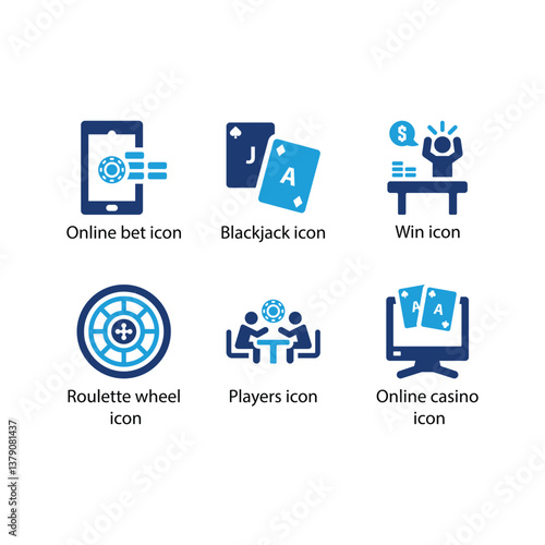 Online bet, Blackjack, Win, Roulette wheel, Players, Online casino, Blue Icon Set