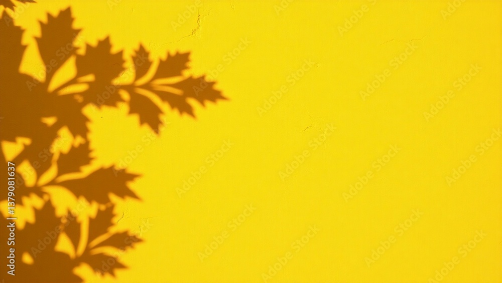 Fototapeta premium Yellow wall texture with leaves shadow background