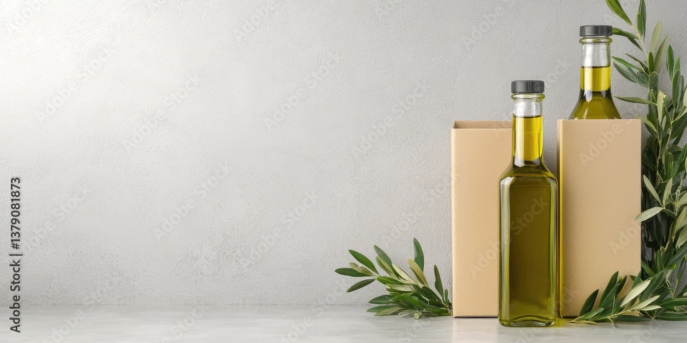 Fototapeta premium Cardboard boxes with glass bottles of olive oil. Distribution and wholesale of natural oil.
