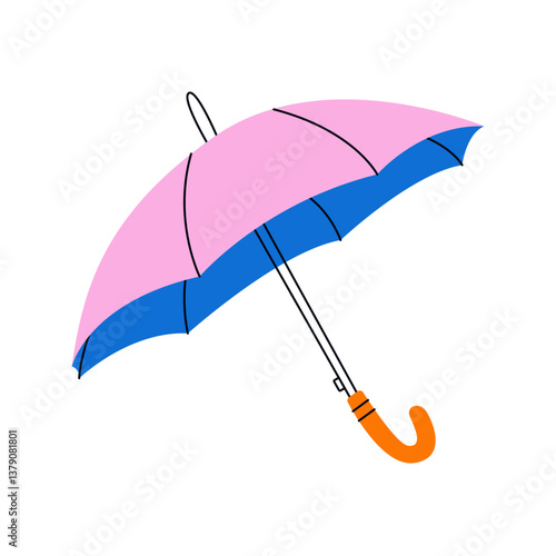 Open umbrella icon. Cartoon flat rain protection accessory, colorful waterproof sunshade with curved stick, fall weather automatic umbrella. Vector isolated illustration