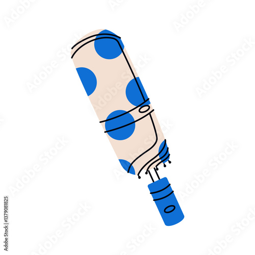 Folded umbrella. Compact collapsible umbrella, rain protection accessory with handle, cartoon flat dome parasol, weather waterproof canopy. Vector illustration