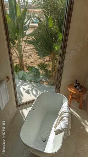 Elegant Bathroom With Modern Tub and Lush Greenery View in Bright Natural Light