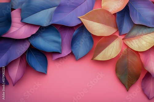 Colorful Leaves Arranged on a Vibrant Pink Background Create an Artistic Display