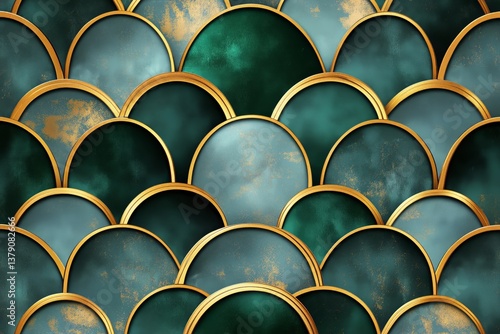 Unique Decorative Wall Design Featuring Golden Patterns on Teal Background