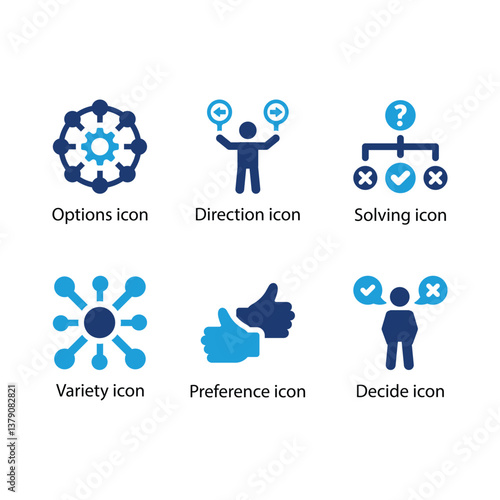 Options, Direction, Solving, Variety, Preference, Decide, Blue Icon Set