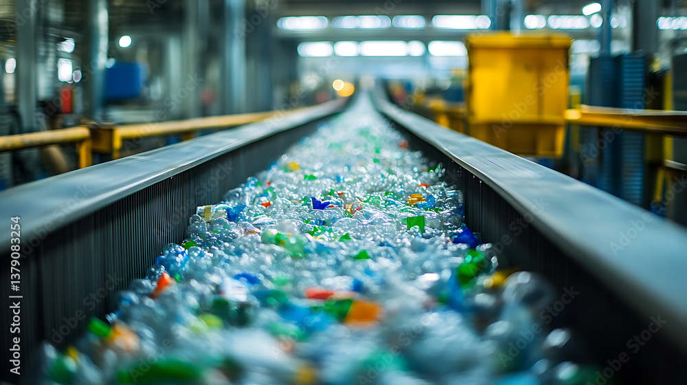 Conveyor belt with plastic recyclables at the enterprise, waste recycling and disposal concept Conveyor belt with plastic recyclables at the enterprise, waste recycling and disposal concept