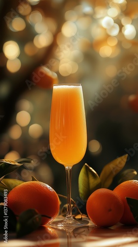 Bright Orange Juice in a Glass With Fresh Oranges and Green Leaves on a Table...
