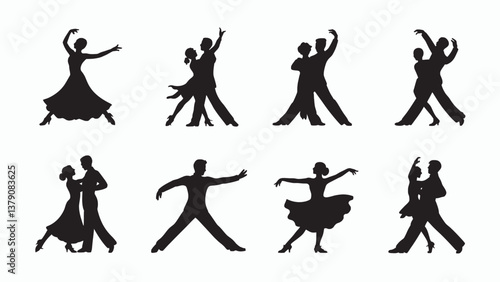 Isolated romantic couple silhouettes in waltz dance. Happy couple dancing together vector silhouettes set