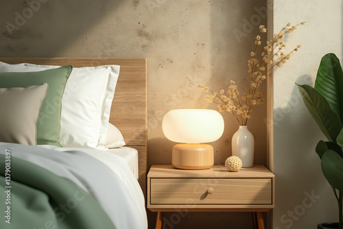 soft lighting illuminates a minimalist bedroom nightstand