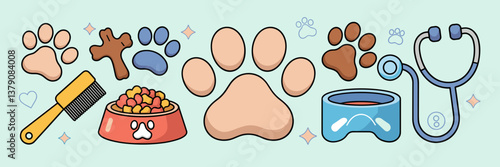 Circular arrangement of pet care icons with a central paw print – Ideal for veterinary branding, pet supply logos, or animal shelter promotions.