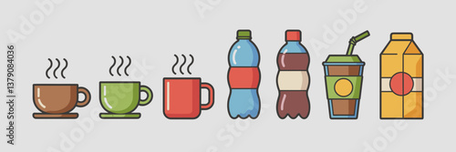 Flat design icon set of beverage containers including coffee cup, tea mug, soda bottle, and juice carton