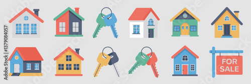 Flat design illustration of real estate icons featuring houses, apartments, and keys
