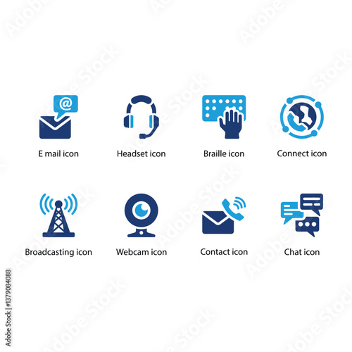E mail, Headset, Braille, Connect, Broadcasting, Webcam, Contact, Chat, Blue Icon Set