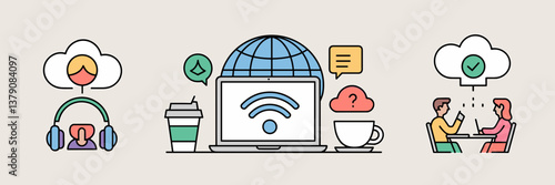 Minimalist icon set for remote work and digital nomad lifestyle – Perfect for coworking spaces, productivity tools, or work-from-anywhere promotions.