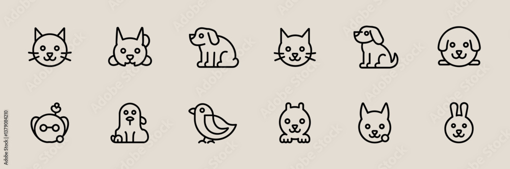 Fototapeta premium Minimalist outline-style vector icons of cats, dogs, birds, and rabbits in a clean grid layout