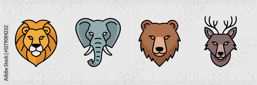 Minimalist flat animal icon collection with lion, elephant, bear, wolf, and deer – Suitable for environmental campaigns, zoology education, or branding materials.