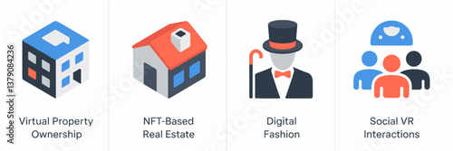 Metaverse-themed icon set featuring virtual property, NFT real estate, digital fashion, and social VR interactions – Perfect for blockchain, gaming, or digital identity branding.