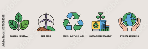 Minimalist icons representing eco-friendly business concepts for sustainability and ethical sourcing