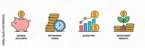 Minimalist financial planning icon set featuring savings, retirement funds, budgeting, and investment growth – Great for financial education, fintech branding, or personal finance content.