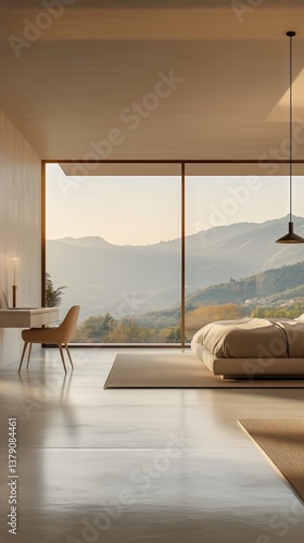 Mountain View Bedroom With Large Windows Offering Stunning Landscape During G...