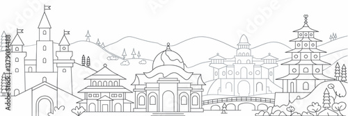 Sketch of historic architecture icons featuring castles, temples, and pagodas