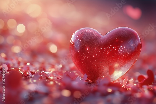 Heart Decoration Surrounded by Red Glitter Hearts in a Romantic Atmosphere Wi...