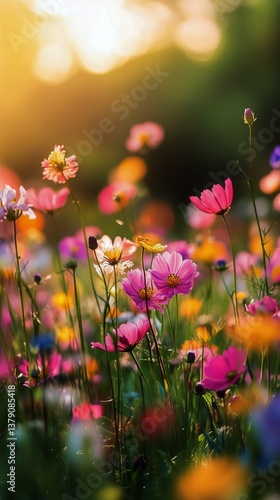Colorful Wildflowers Bloom During Golden Hour in a Vibrant Meadow