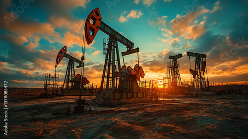 Crude oil, global crisis, drilling derricks, fossil fuels, gasoline concept, international war on oil prices worldwide, pump rig, pumpjack, oil and gas production, oilfield site