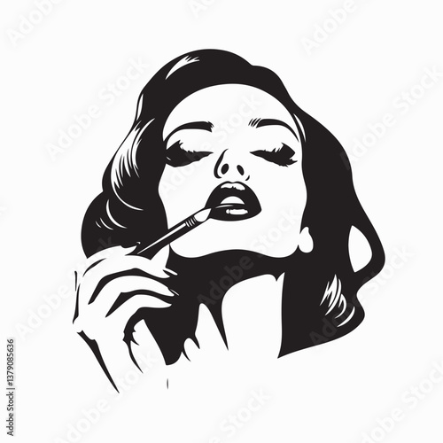 Beautiful Woman Applying Lipstick Vector image Isolated on white background.